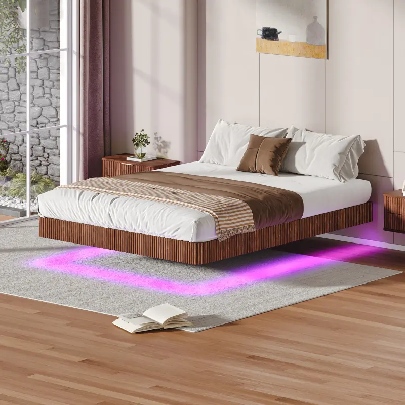 Queen Size Walnut Light-Up Floating Bed Frame with Metal Heavy-Duty Steel Slats, Wave-Curve Wood Texture, Invisible Suspension Aesthetic Design, Stable Silent Structure, LED Smart Lighting System, No Box Spring Needed