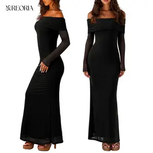 REORIA Women's Off Shoulder Long Sleeve Dress Elegant Sexy Stretch Mesh Double Lined Slim Trendy Long Dresses for Women