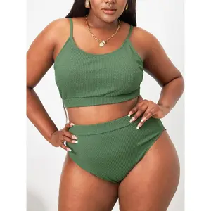 Plus-size solid ribbed swimsuit; casual spaghetti-strap tank top; swim top and high-waisted swim bottoms; summer bikini set; women’s swimsuit; beach resort women’s swimsuit; tank set; high-waisted swimsuit; swim tank GARMENTARY