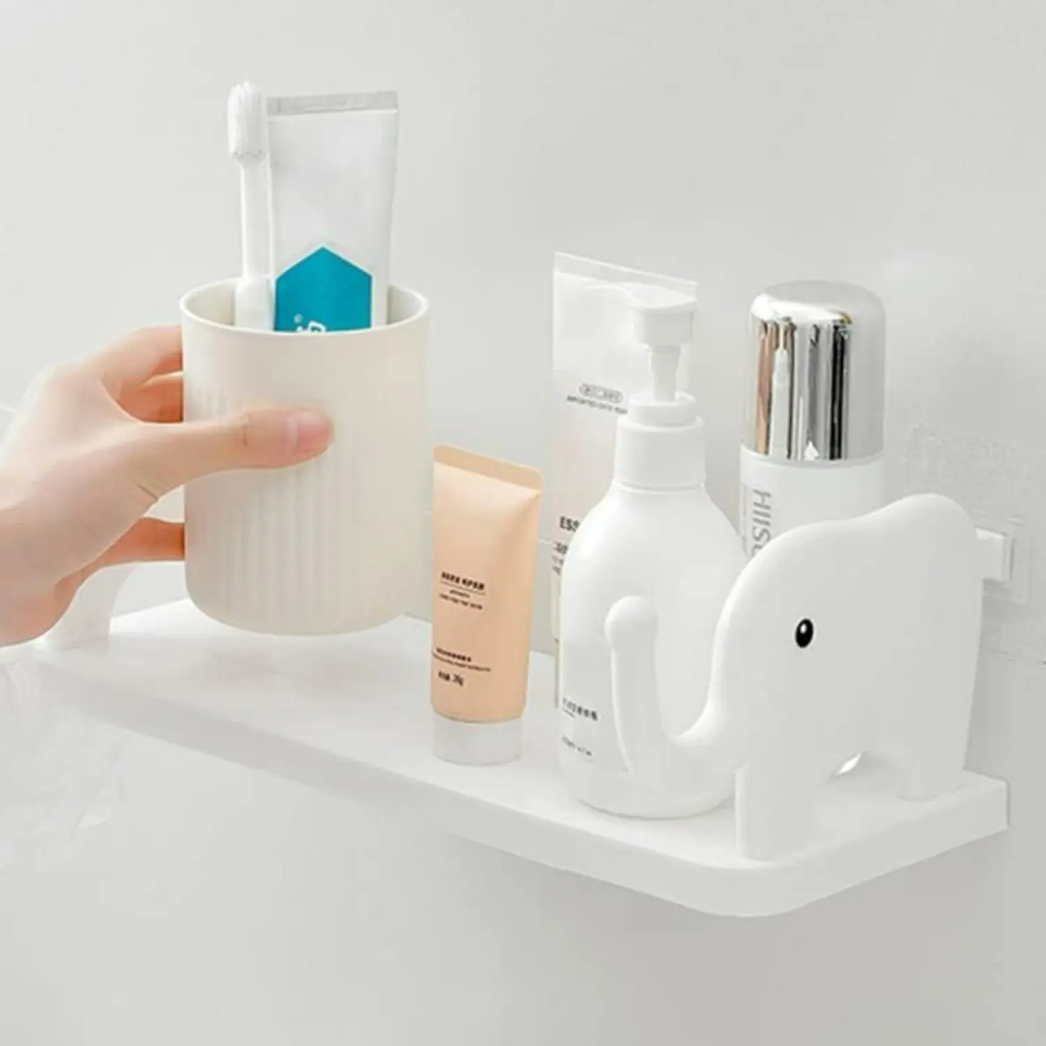 1PCS White Elephant Animal Hanging Floating Wall Organizer Shelf - No Drilling Required, Compact Unit with Shelves & Hat Hooks, Neutral Home Decor Accessories for Bedroom, Kitchen