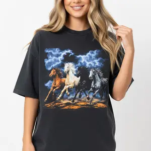Running Horses Vintage 90s Graphic T-Shirt, Retro Lightning Storm Horse Shirt, Western Cowboy Tee