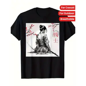 Men'S 100% Cotton T-Shirt with Japanese Samurai & Sakura Woodblock Print - Crew Neck, Regular Fit, Short Sleeve, Breathable, Knit Fabric, for Casual & Outdoor, Digital Heat Transfer Details - 1pc