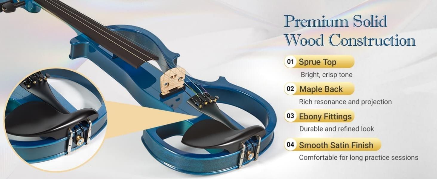 Electric Violin for Beginners - Solid Maple & Spruce, Ebony Fittings, Carbon Fiber Tailpiece, Full Size 4/4 (Blue)