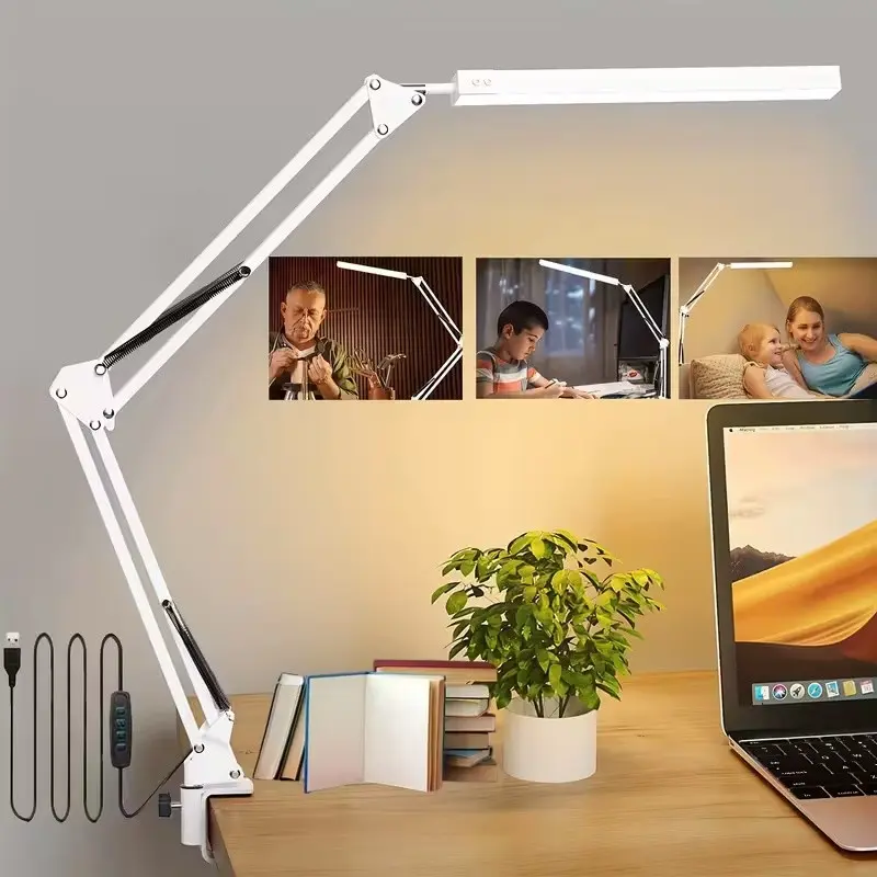 Foldable Desk Lamp, Interior Lights, Indoor Lighting, Black/White Iron with Clamp 360° Adjustable Angle, USB Plug-in, Switch Control Three-Color Temperature Dimmable Ideal for Bedrooms, Study Rooms, Office Desk Lighting