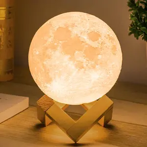 Mydethun 3D Moon Lamp with 4.7 Inch Wooden Base - Gift for Lover, LED Night Light, Mood Lighting with Touch Control Brightness for Home Décor, Bedroom, Women Kids Birthday- White & Yellow