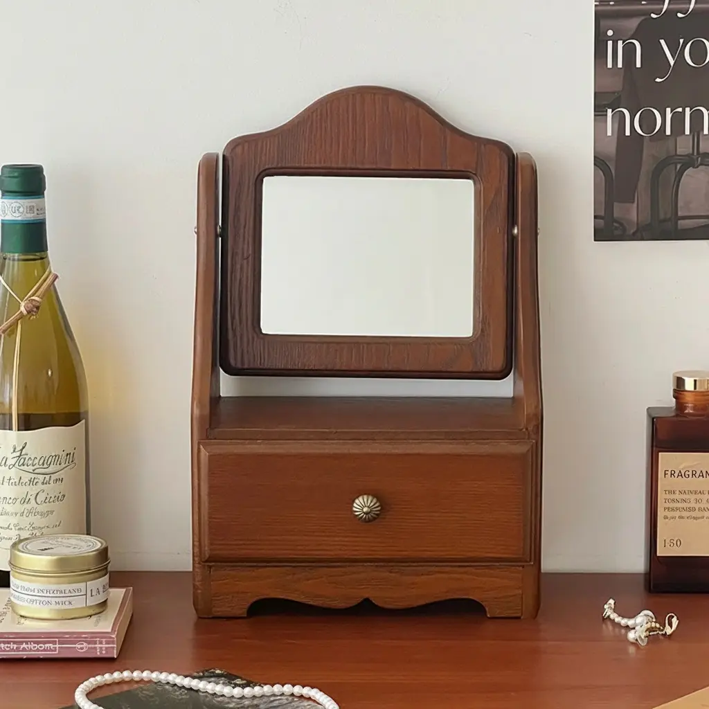 Rotatable Makeup Mirror, French Vintage Wooden Adjustable Vanity Mirror, Square Mirror, Bedroom Desktop Storage Cabinet, Desk Organizer, Beauty Mirror, Desk Mirror Decor