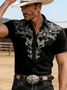 Men's Western Cowboy Print Short Sleeve Shirt, Vintage Vine Floral Pattern Casual Button-Up, Rural Style Party Formal Shirt, Floral Boho Shirts
