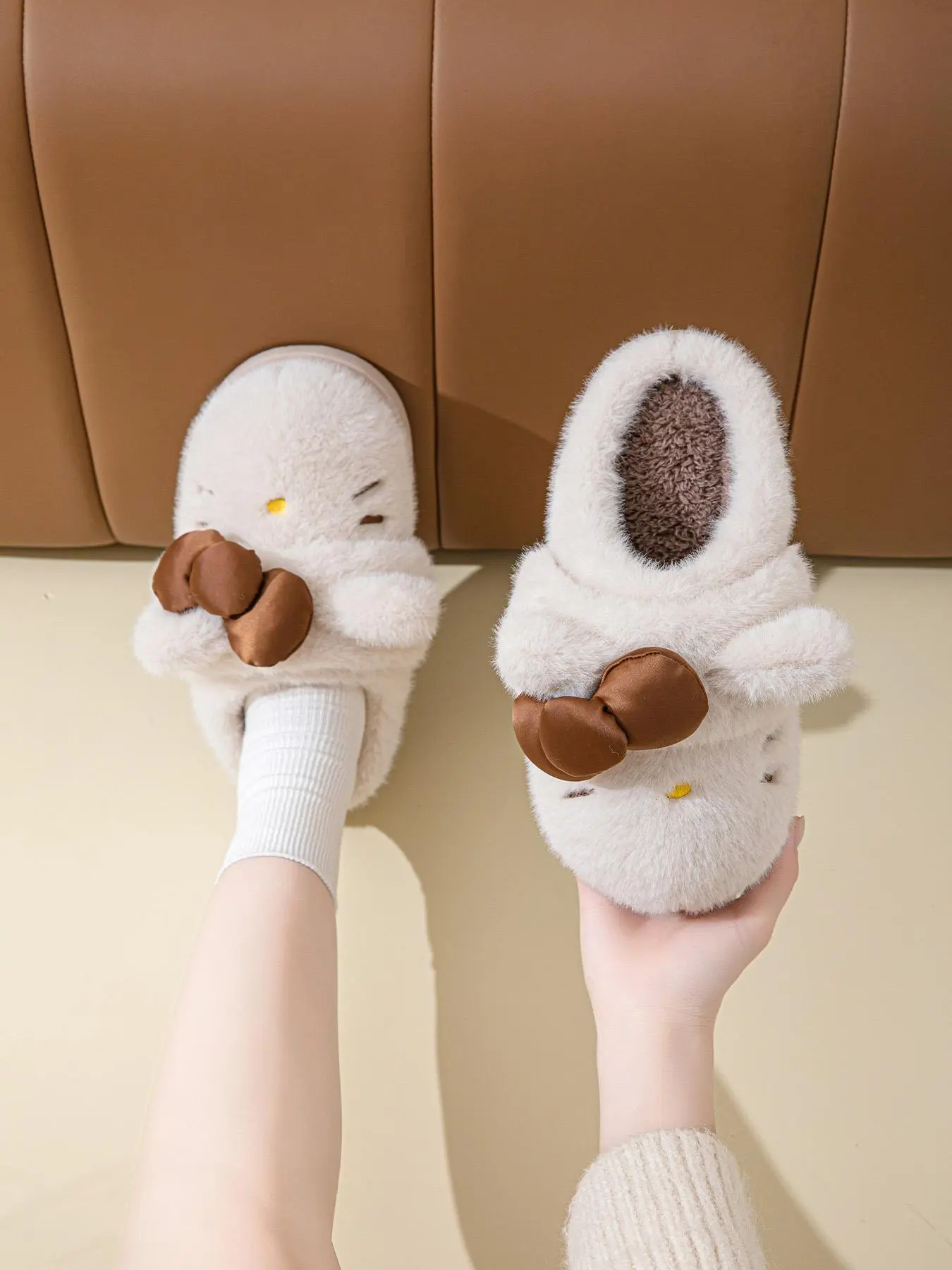 Women's Bow Cotton Slippers, House Slippers, Fashionable Soft Slippers, Trendy Casual Slippers, Winter Indoor Home Warm Comfortable Cartoon Cute Shoes, Fall & Winter Casual Footwear