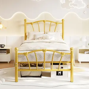 Twin Size Bed Frame,Gold Heart Shaped Metal Bed Frame with Headboard and Footboard, Platform Bed Frame with Sturdy Slat Support, Underbed Storage Space, No Box Spring Needed