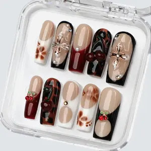 PG34 CHERRY MOCHA Press On Nail Acrylic Set Art Kit with Elegant Cherry Accents and Pearl Details for Stylish Manicures