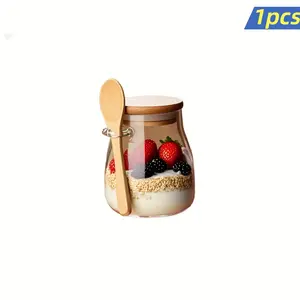 11.96oz Glass Cup Set, Overnight Oatmeal Bowl, Mason Jar Salad Container, Prep Bowl with Lid Spoon, Ideal for Chia Seeds, Pudding, Yogurt, Airtight Food Storage, Glass Storage Containers