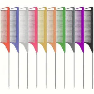 Rat Tail Combs for Curly Hair, Fine-tooth Teasing Hair Styling Tools with Heat-resistant Plastic Bristles and Stainless Steel Pin Tail, Hair Braiding and Sectioning Combs, Heatless