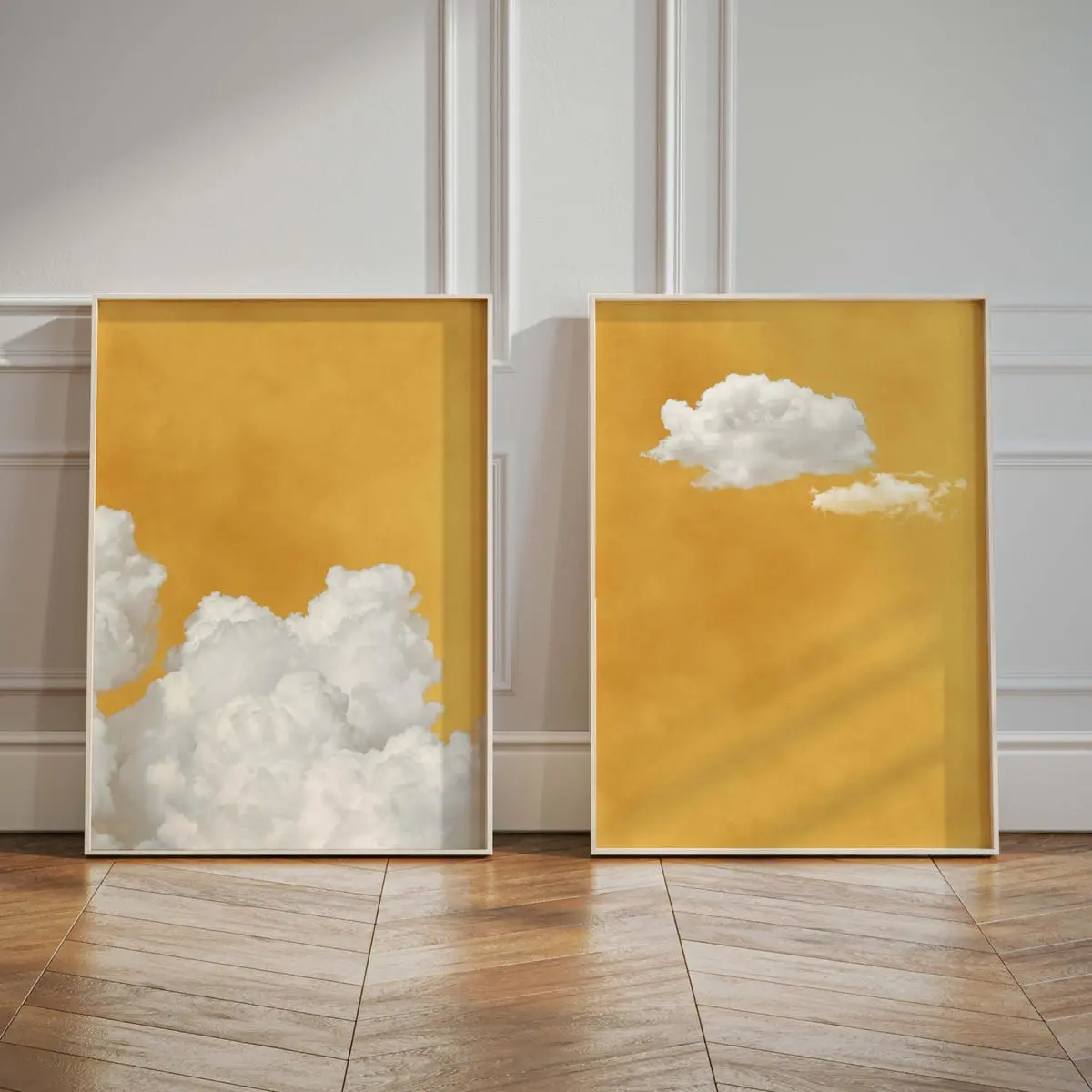 Yellow Cloud Wall Art – Set of 2 Vibrant Abstract Sky Prints, Colorful Minimalist Posters for Bedroom or Large Living Room Decor, Unframed