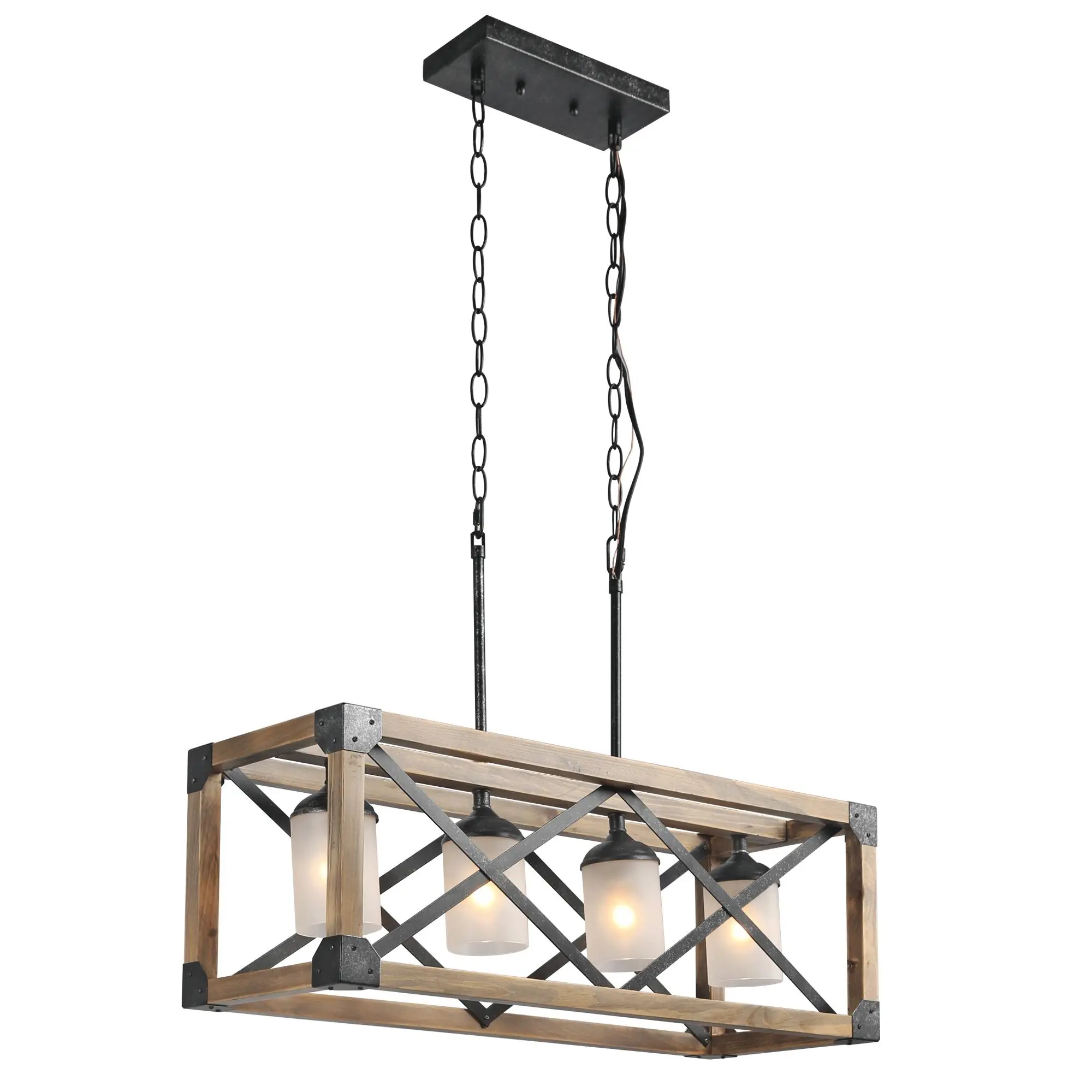 Ksana Farmhouse Rectangular Chandeliers for Dining Room, 4-Light Wood Kitchen Island Lighting with Frosted Glass Shade