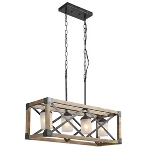Ksana Farmhouse Rectangular Chandeliers for Dining Room, 4-Light Wood Kitchen Island Lighting with Frosted Glass Shade