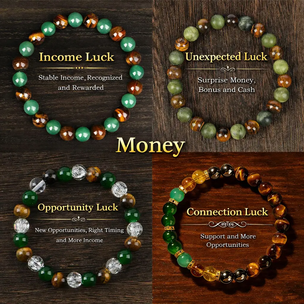 Veliora Gift 4pc Money Attraction Bracelet Set – Green Aventurine & Tiger Eye, Wealth, Money, jewelry protection bracelet encouragement gift fashion artificial bracelet of the day Colorblock Beaded Crystal Bracelet handmade