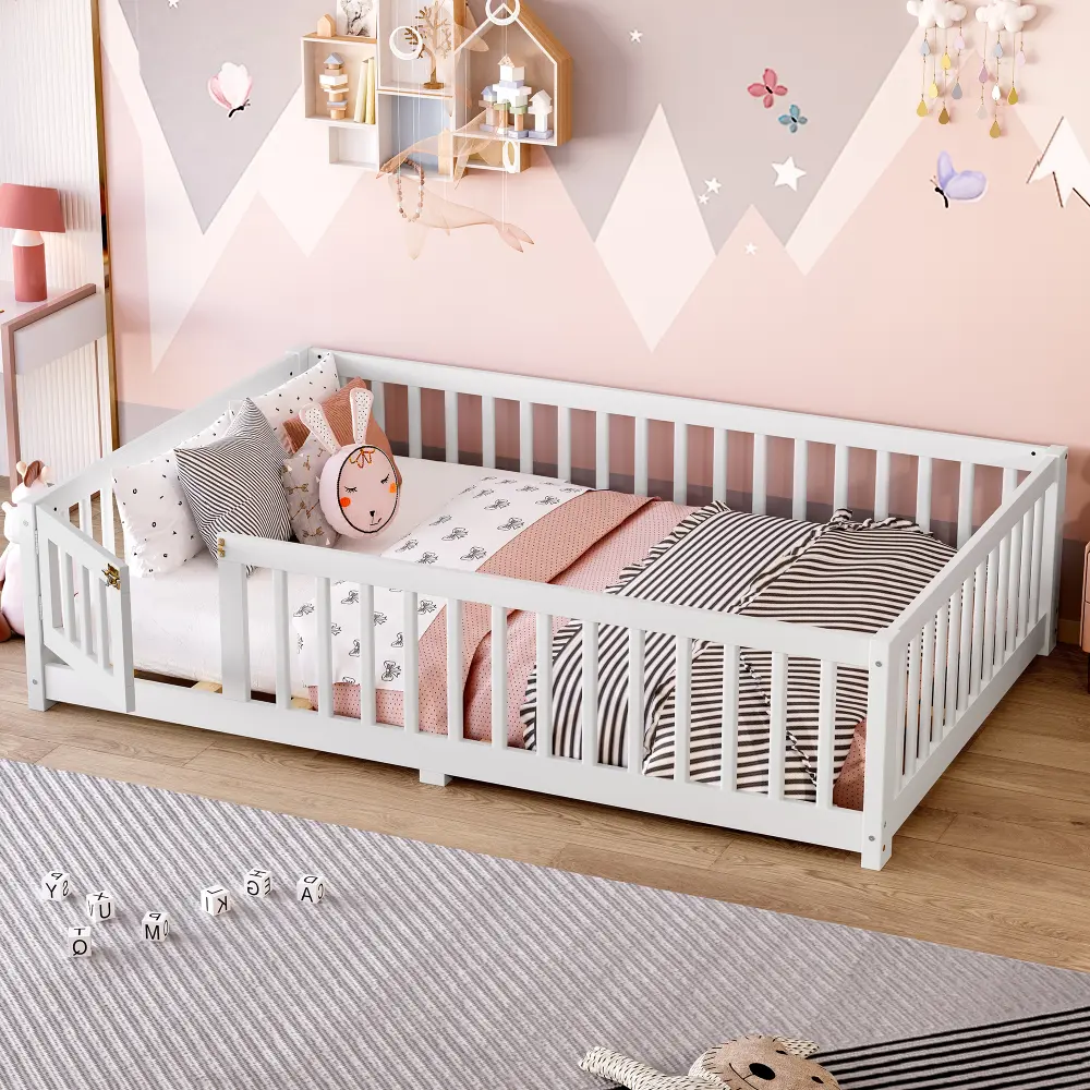 Full Size Bed Floor Bed with Safety Guardrails and Door for Kids Bedside Bassinet Floorbed