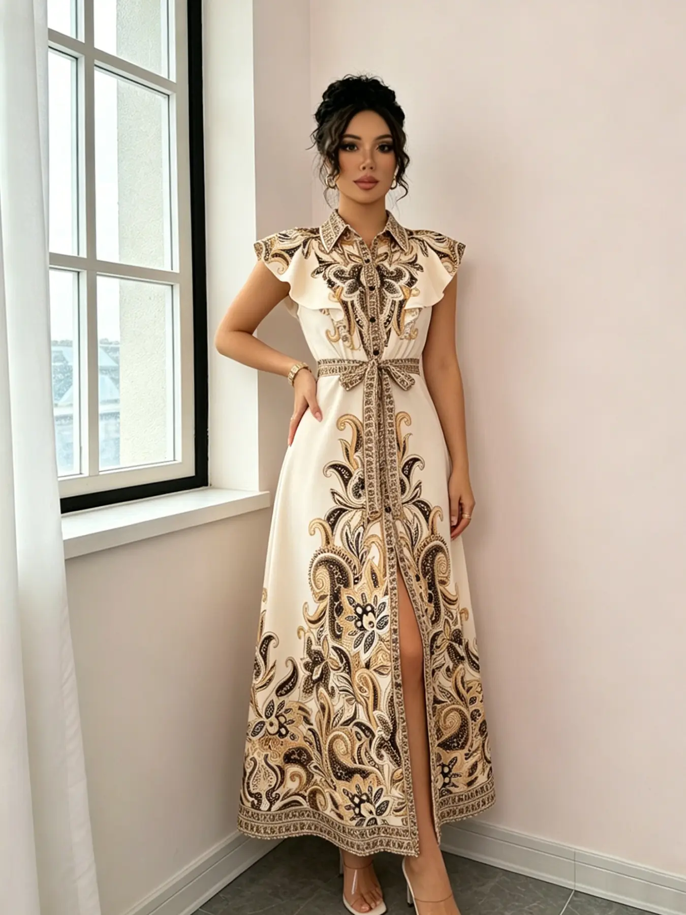 A women's apricot gold patterned slit lace up dress, Casual Chic Dress, with a slit design that highlights leg length and adjustable waistband, suitable for commuting to work, shopping and outdoor activities