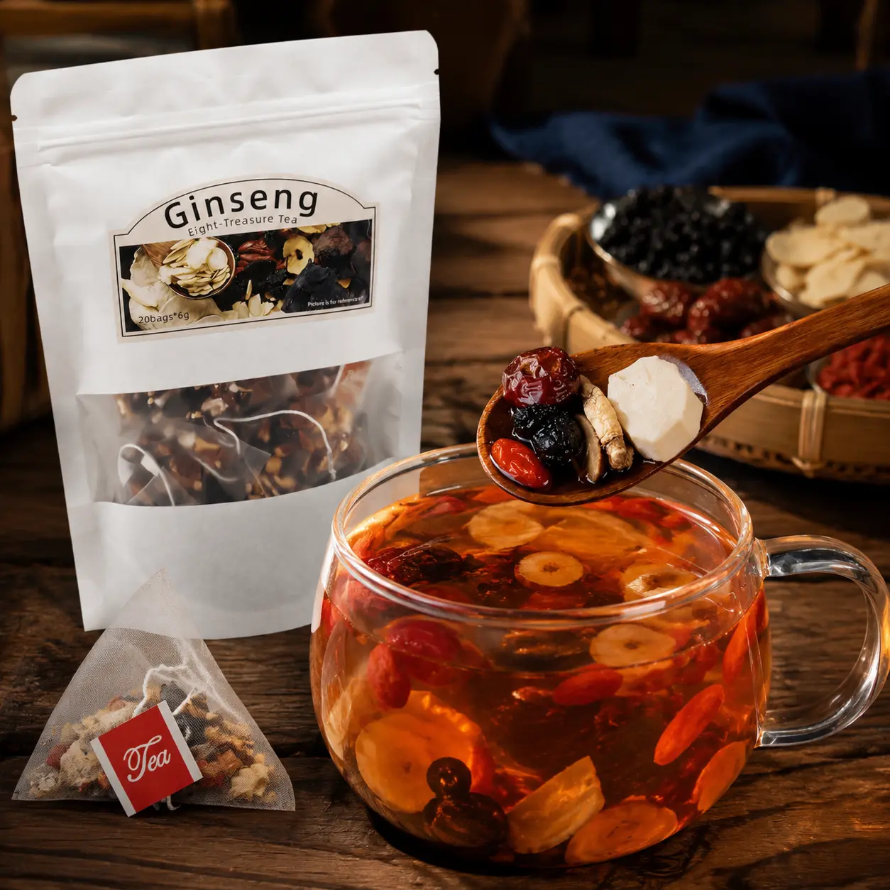 Ginseng Eight Treasures Herbal Tea, 8 Botanical Blend Tea Bags, Caffeine-Free Daily Wellness Tea with Goji Berry, Red Date, Yam, Mulberry and Maca, 30 Bags x 6g` Natural Herbal Blend Chinese Herbal Tea