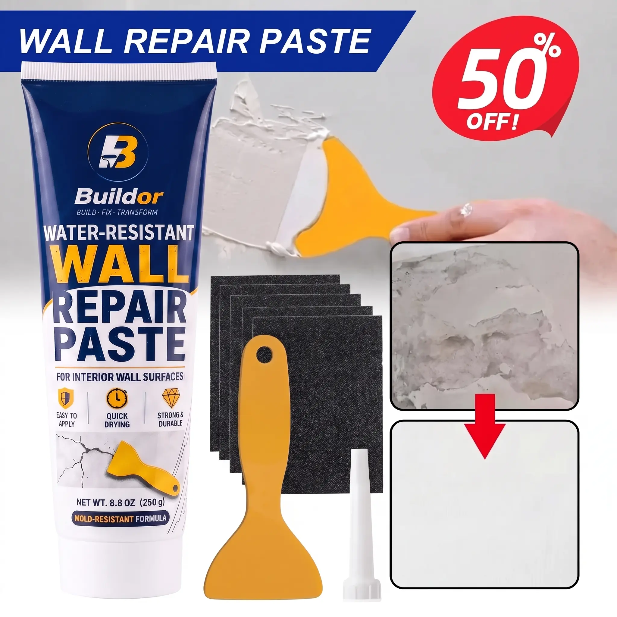 250g Quick-Drying Water-Resistant Wall Mending Agent Kit, Drywall Patch Repair Set with Hole Filler, Putty Scraper, 5 Sanding Sheets for Interior Use Crack & Nail Hole Fixes