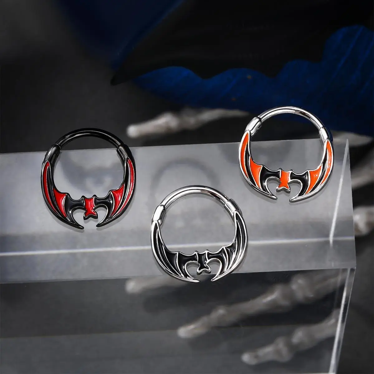 OUFER BODY JEWELRY Spooky Halloween Bat Septum Clicker Ring, 16G 316L Stainless Steel Unisex Daith Piercing with Red Orange Enamel
