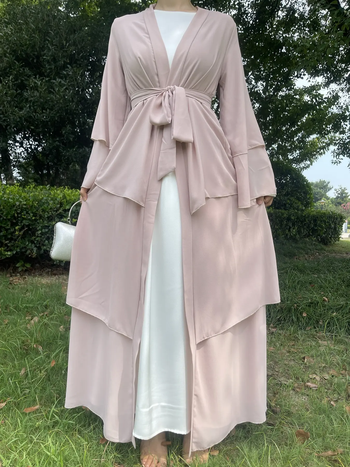 Middle Eastern Classic Islamic Three-Layer Chiffon Open Front Long Robe Dress with Belt, Elegant Muslim Clothing Kaftan Dresses for Women, Classy Modest Dresses, Modest Style Dress