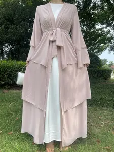 Middle Eastern Classic Islamic Three-Layer Chiffon Open Front Long Robe Dress with Belt, Modest Muslim Outfits, Elegant Muslim Clothing for Women