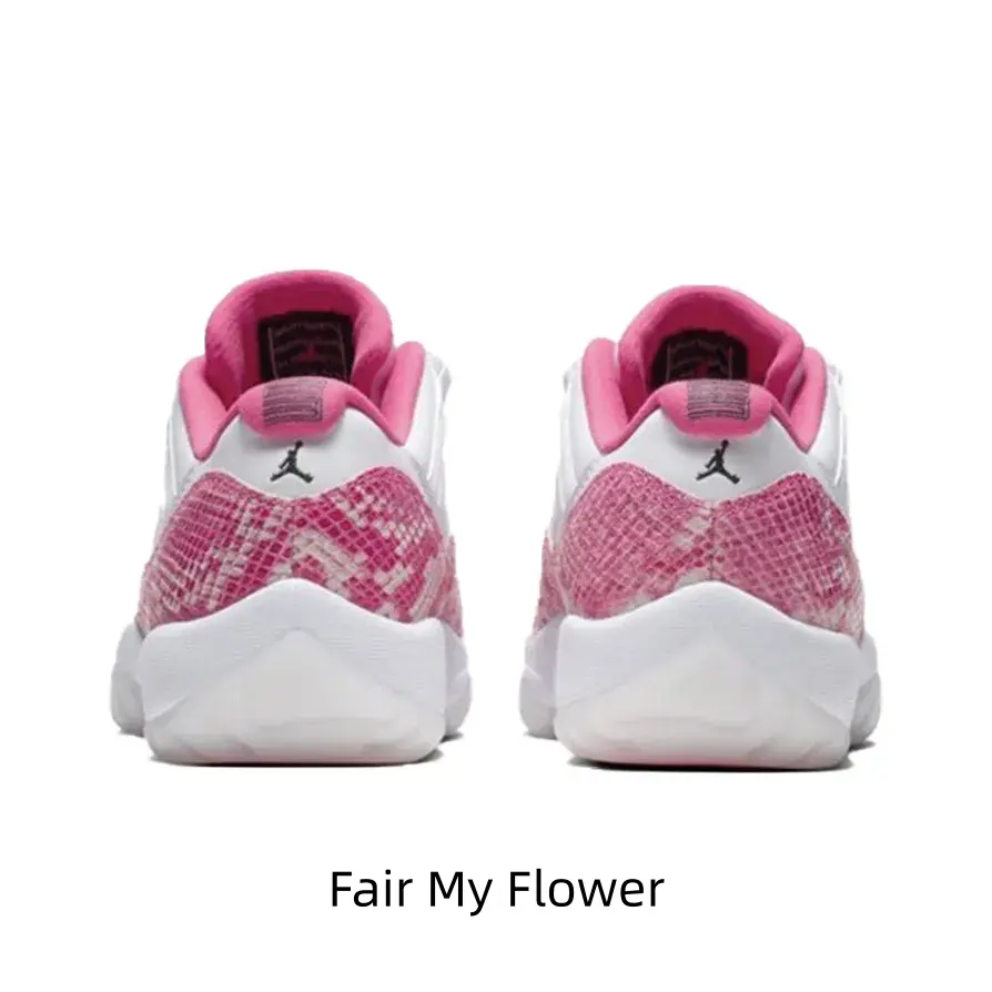This white pink snake print low-top retro basketball sneakers feature classic jumpman heel logo, soft pink padded collar and lightweight cushioned midsole, great for street outfits, casual walks and daily training all year round