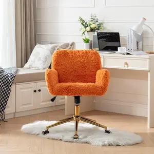 Vanity Chair, Orange Faux Fur Upholstered Desk Chair Makeup Vanity Chair for Girls,Swivel Office Chair with Gold Base,Height Adjustable Tiltable Computer Chair,Cute Desk Chair for Kids