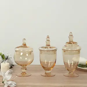 Set of 3 Amber Gold Glass Jars 8.5", 9", 10" Apothecary Design with Snap-On Lids - Decorative Footed Candy Buffet Containers