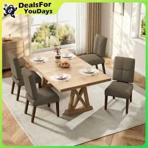 【DealsForYouDays】Wooden Dining Chairs Set of 4, Modern Upholstered Dining Room Chairs with Rubberwood Legs & Widened Thickened Cushion, Breathable Linen Fabric Kitchen Chairs for Farmhouse/Living Room/Dining Room, Coffee summerwins