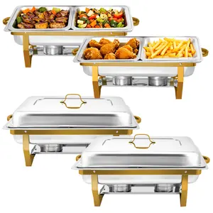 4 Packs 8QT Half-Size Gold Chafing Dish Buffet Set - Durable Stainless Steel Food Warmer Kit with Tight-Fitting Lids, Deep Food Pans, Water Pan and Fuel Holders for Restaurant, Catering, Parties and Wedding Events Cookware
