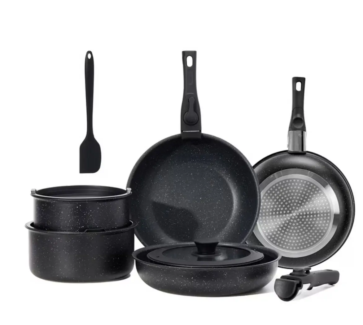 12 Pcs Non-Stick Cookware Set, Pots and Pans Set, with Spatula & Detachable Handle for Kitchen, Black