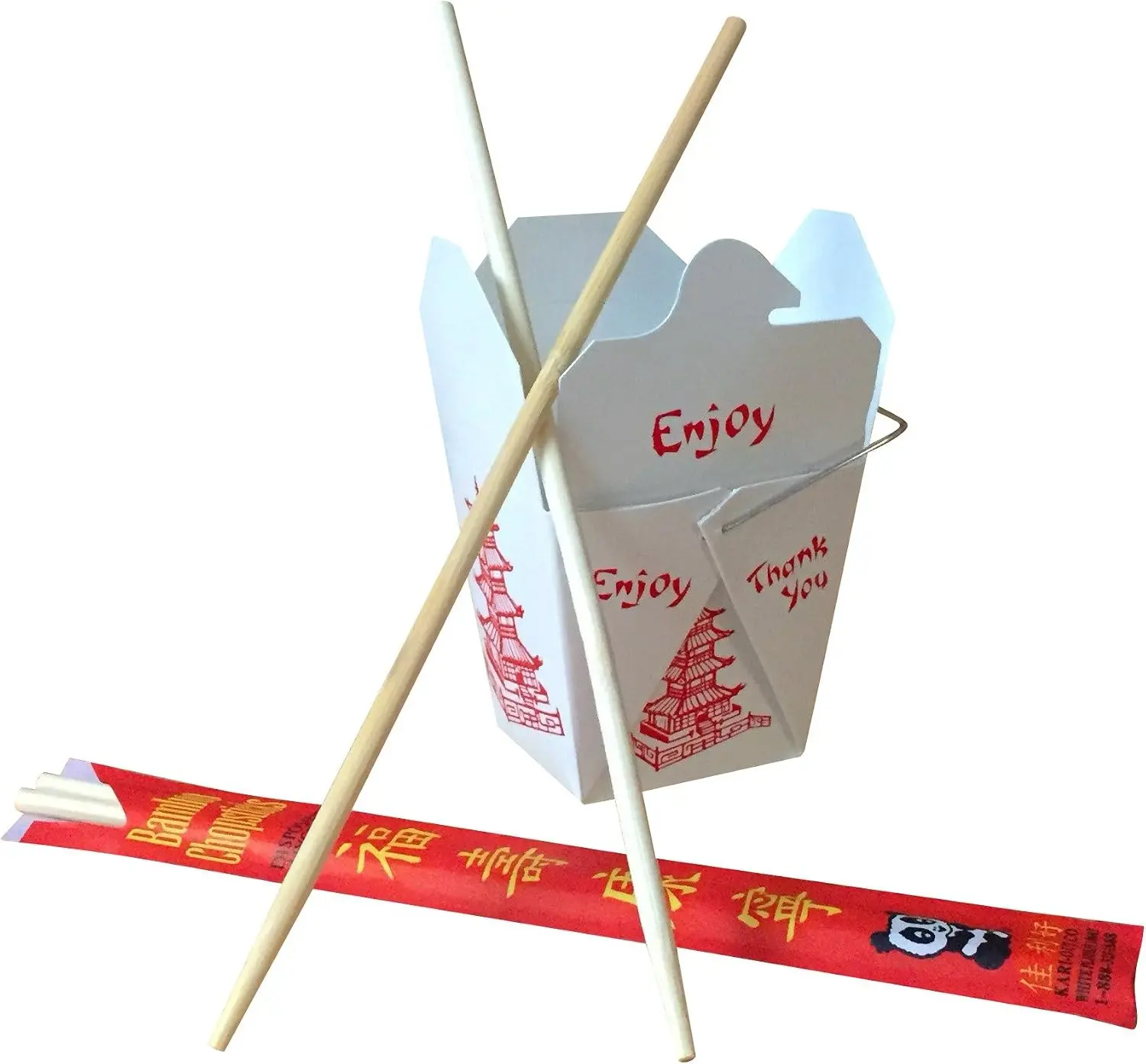 Fold Pak Pack of 25 8 oz Chinese Take Out Boxes with 25 Bamboo Chopsticks, Pagoda Design, Party Favor and Food Pail, Sustainable