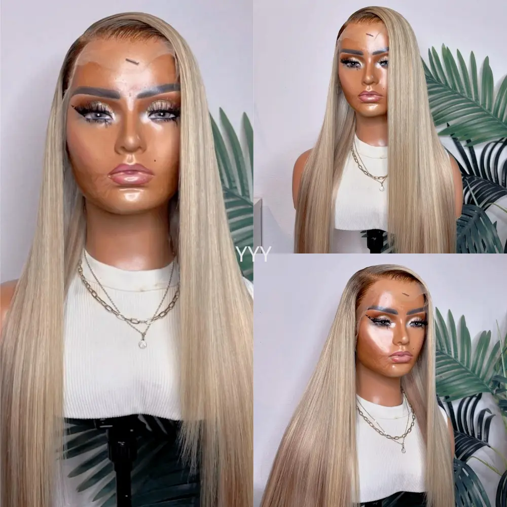 Ombre Blonde Color Lace Front Wigs Pre Plucked Hairline Long Straight Wig Glueless Heat Resistant Fiber Hair 13x4 Free Part Ombre Color Wig 28 Inch 180% Density for Women Girls Party Daily Wear