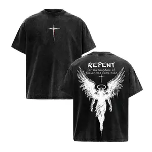 Men's Vintage Washed Oversized Jesus T-Shirt - Menswear, Heavy Cotton Short-Sleeve Unisex Round Neck, Angel Wings Faith Graphic, "Kingdom of Heaven Has Come Near" Gospel, Casual Streetwear Worship Top