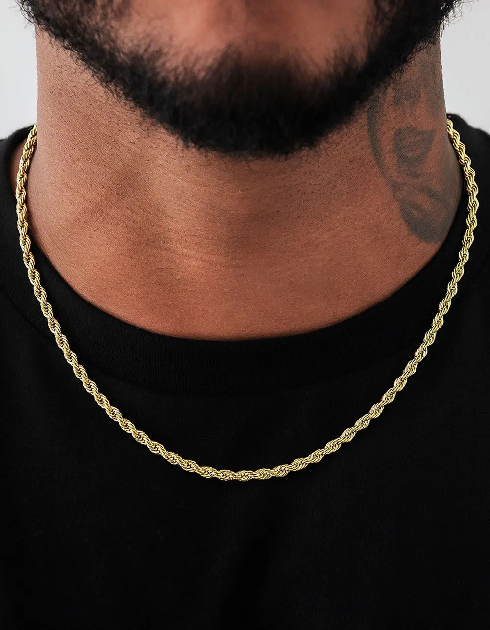 GLD  Mens 4mm Rope Chain Necklace, Gold