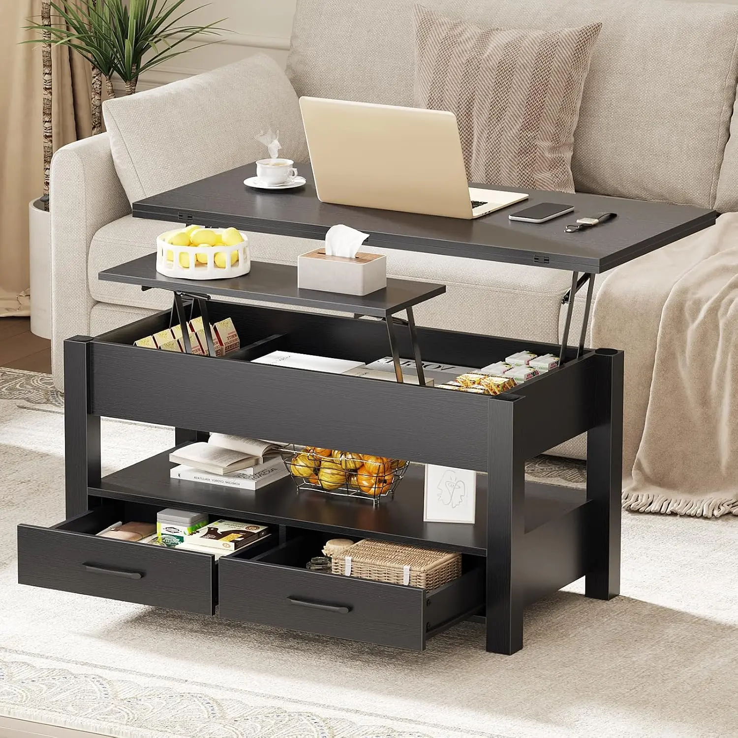 DUMOS 39.4" Convertible Lift Top Coffee Table, 4 in 1 Multifunctional Table Expandable Coffee Table to Dining Table with 2 Drawers and Storage for Small Living Room, Apartment, Board Game, Black