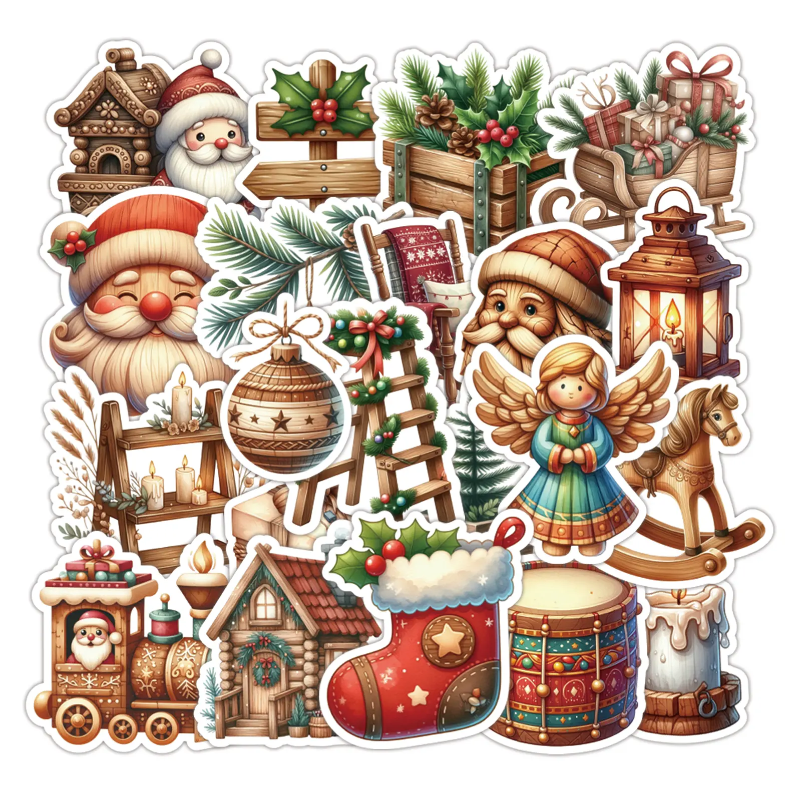 100Pcs Cozy Vintage Christmas Stickers Pack, Aesthetic Watercolor & Rustic Wood-Carving Holiday Decals for Journal Laptop Water Bottle, Cute Xmas Gift Set