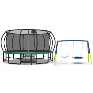 16FT Outdoor Trampoline for Kids and Adults with Curved Poles Heavy Duty Anti-Rust Coating ASTM Approved Swing Set Halloween Gift Balance Board