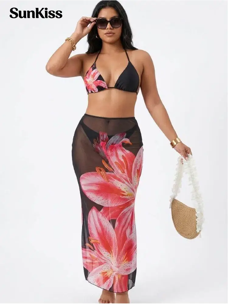 Sunkiss Women's 3-Piece Halter Neck Floral Bikini Set, Sculpting High-Cut Fit with Polyester Fabric Maxi Skirt for Cruise Trips, Hand Wash Only, Skirted, Breathable, Cold Wash