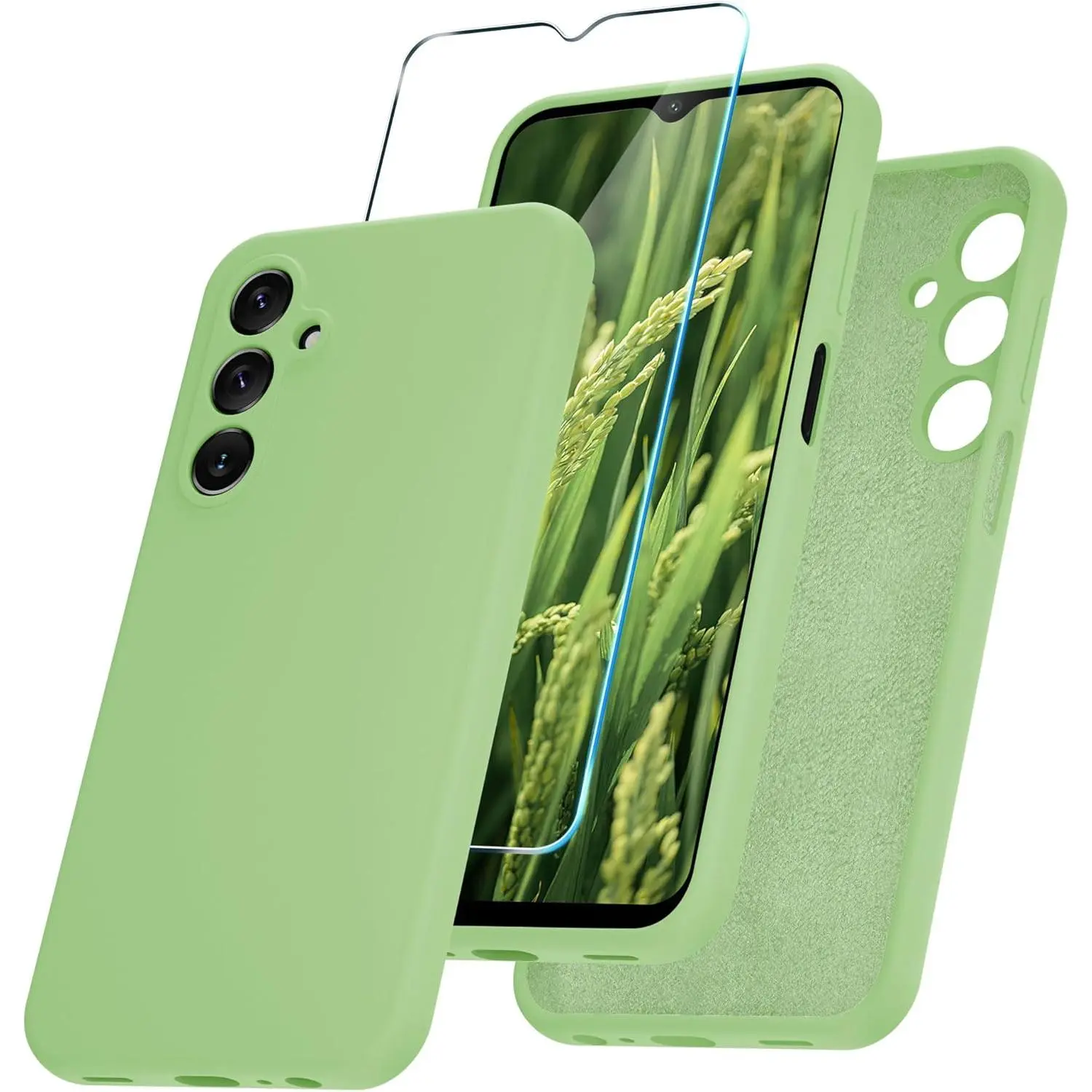 Samsung Galaxy A15 5G Smartphone Case, Silicone Casing with 1 Screen Protector, Soft Anti-Scratch Microfiber Lining, Full Body Shockproof Slim Cover for Handheld Cellphone Devices, Mint Green