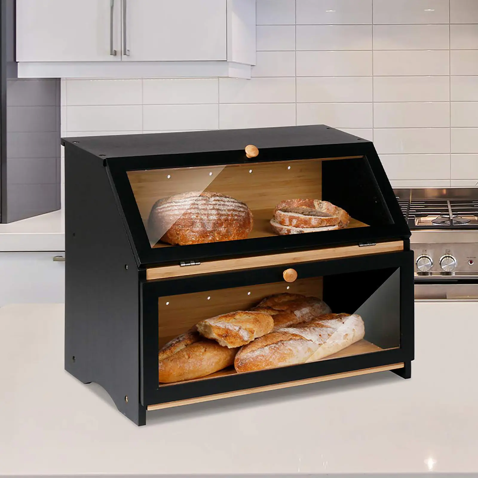 Double Layer Large Bread Box For Kitchen Counter, Wooden Large Capacity Bread Storage Bin