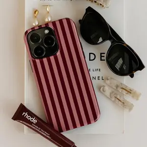 Magsafe Burgundy & Pink Stripe Phone Case – Glossy Slim or Tough Cover, Magsafe Compatible Cover