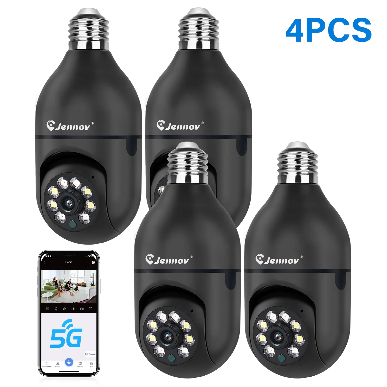 4MP Smart AI 5G Wireless Light Bulb Security Camera, Plug-in Surveillance Cam with 911 Alarm Monitoring, Full Color Night Vision, Easy Installation, Motion Detection, 2-Way Audio, Dual-WiFi, US Local Cloud, Cord Safety Socket, SD Connection Support, Camer