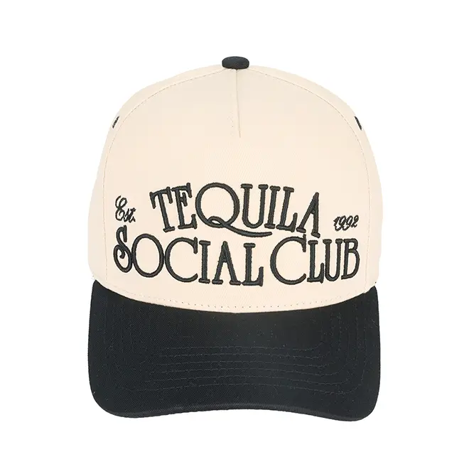 Tequila Social Club Embroidered Trucker Hat for Men and Women - Canvas Beige/White, Casual & Versatile Unisex, 15+ Color/Embroidery Options Custom Premium Men's Snapback Hat