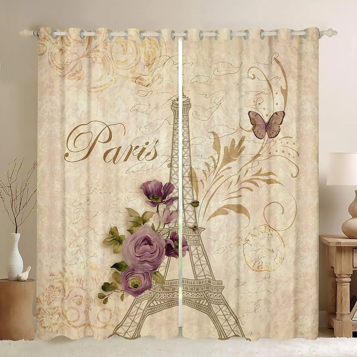 Eiffel Tower Blackout Window Curtain,Purple Rose Curtain,Romantic Paris Window Drapes Young Man,Modern Bedroom Decorative,Retro Style Curtain