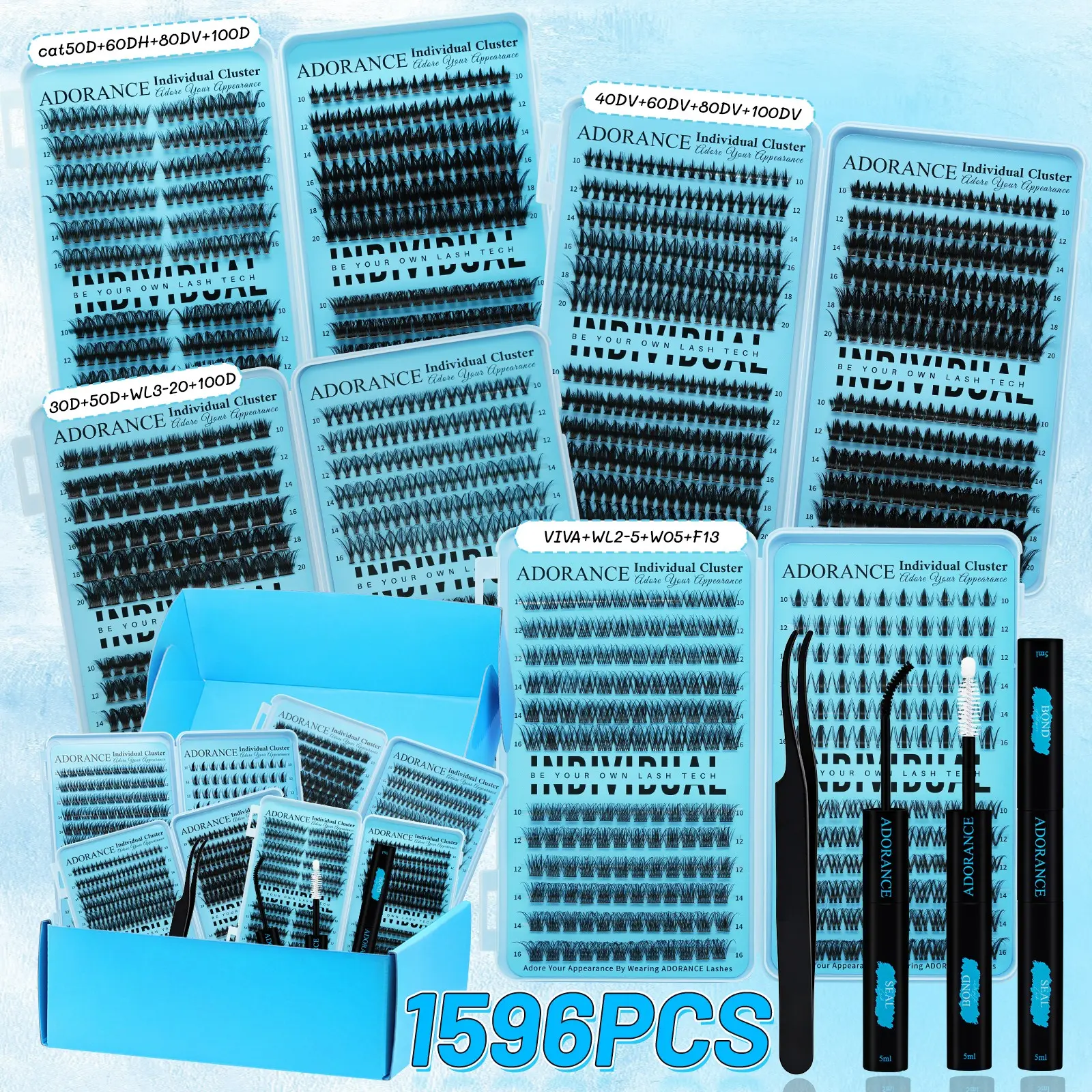 ADORANCE Mix Lash Clusters Kit, Diy Makeup Lashes, 1596 Pcs 15 Styles Mega Volume, Wispy Volume Set, Soft D Curl Natural Individual Cluster Eyelashes, Eyelash Extensions, DIY Lash Extension Kit for Beginners with Lash Bond, Seal and Tweezers