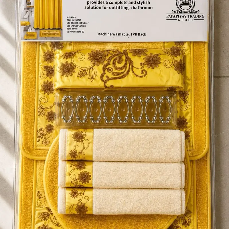 Papapiyay 19-Piece Luxury Bathroom Set | Complete Decor Kit with Non-Slip Mats, Shower Curtain & Towels