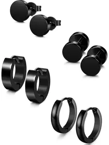 4-6 Pairs Men's Earrings Black Earrings for Men Stainless Steel Hypoallergenic Ear Piercing Black Hoop Earrings for Men Women Ear Studs